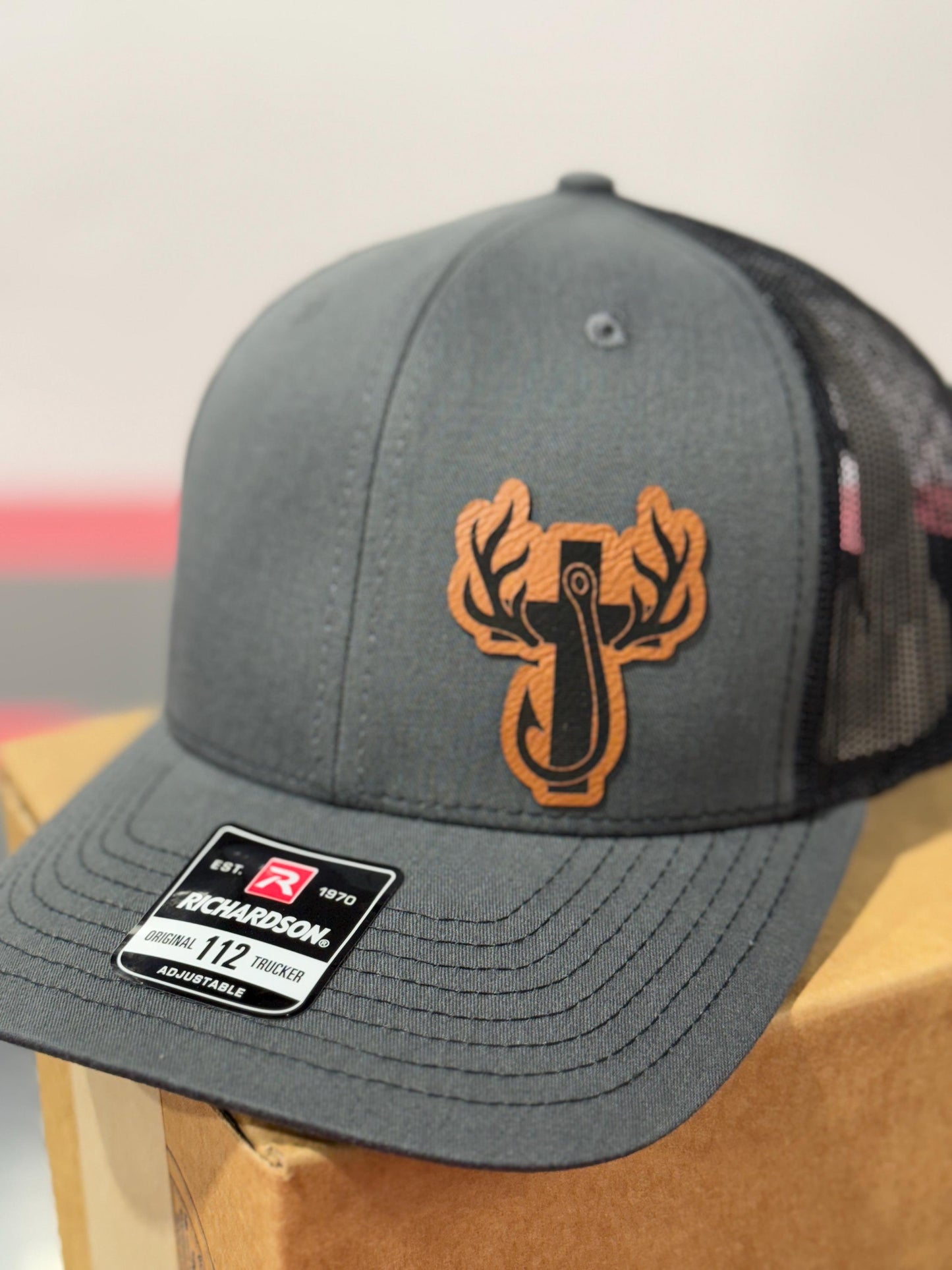 Hunting, fishing, cross, antlers, fishing hook, leatherette patch hat,