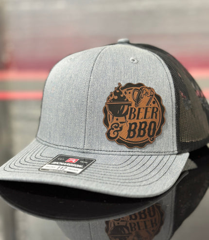 Beer and bbq, grilling hat, smoker hat, leatherette patch hat