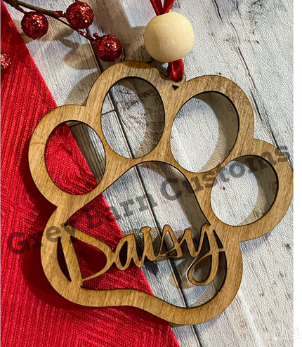 Personalized Paw Print Christmas Ornament: Baltic Birch Dog Name Charm