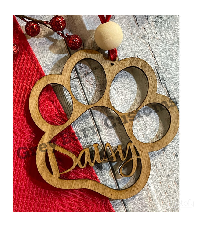 Personalized Paw Print Christmas Ornament: Baltic Birch Dog Name Charm