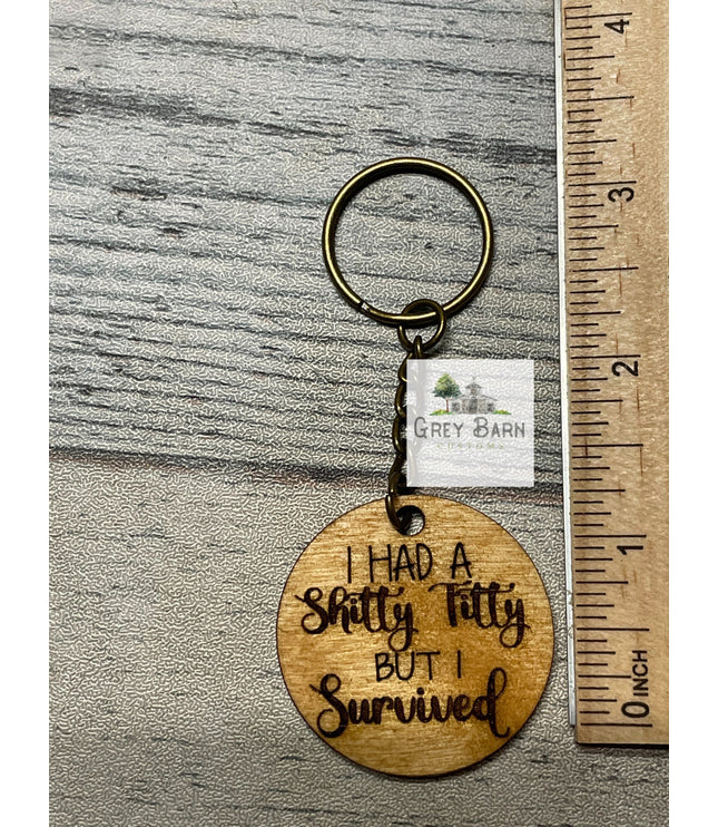 Breast Cancer Survivor Keychain: Baltic Birch Pink Ribbon Awareness