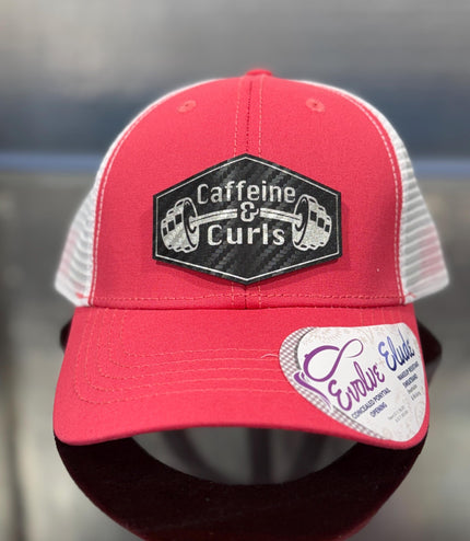 Caffeine & Curls Hat: Laser Engraved Leatherette Patch - Gym Workout