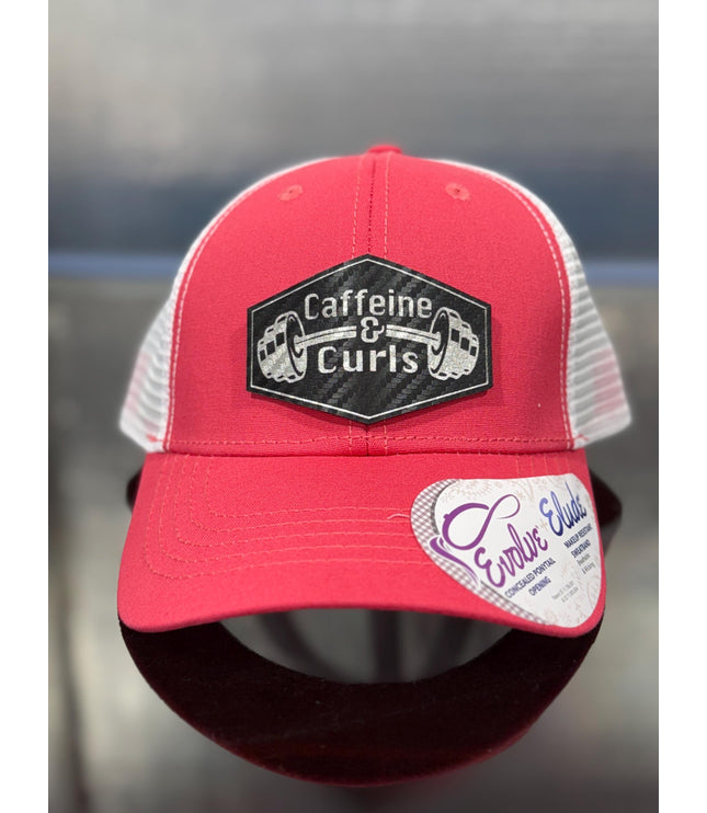 Caffeine & Curls Hat: Laser Engraved Leatherette Patch - Gym Workout