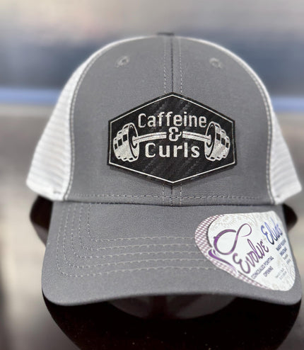 Caffeine & Curls Hat: Laser Engraved Leatherette Patch - Gym Workout