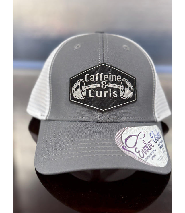 Caffeine & Curls Hat: Laser Engraved Leatherette Patch - Gym Workout