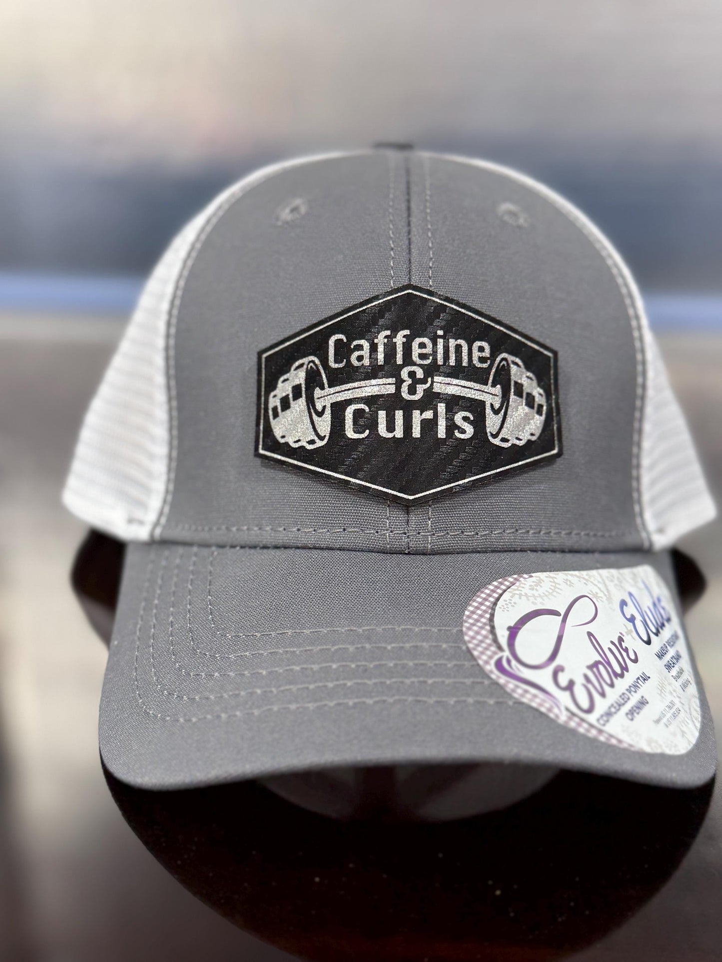 Caffeine & Curls Hat: Laser Engraved Leatherette Patch - Gym Workout