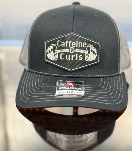 Caffeine & Curls Hat: Laser Engraved Leatherette Patch - Gym Workout