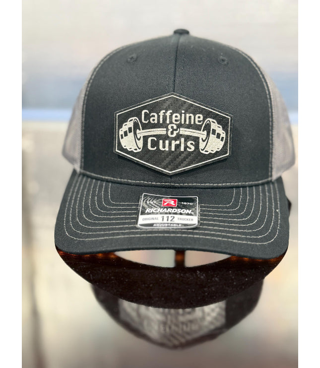 Caffeine & Curls Hat: Laser Engraved Leatherette Patch - Gym Workout