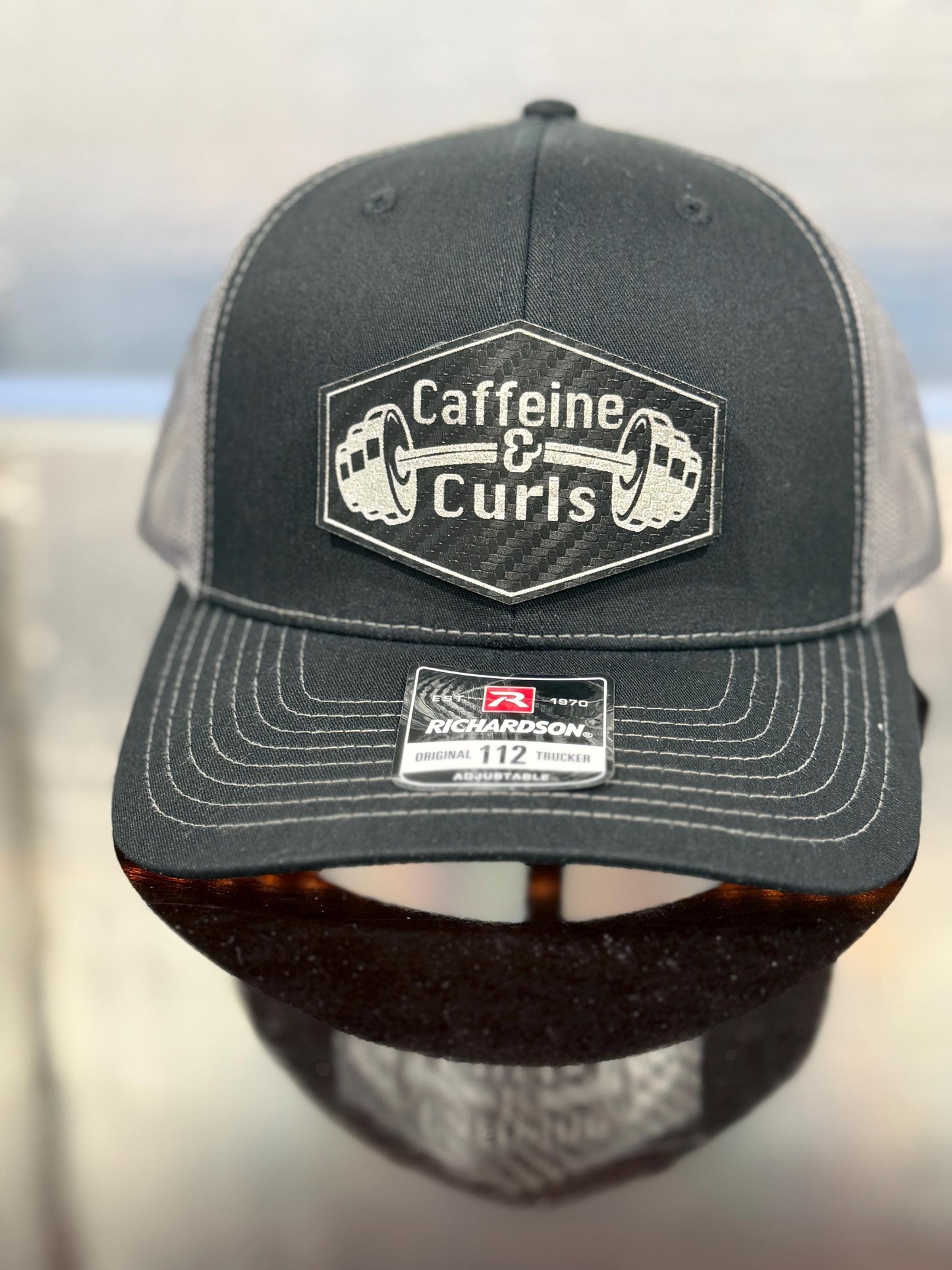 Caffeine & Curls Hat: Laser Engraved Leatherette Patch - Gym Workout