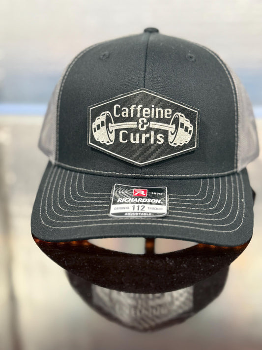Caffeine & Curls Hat: Laser Engraved Leatherette Patch - Gym Workout