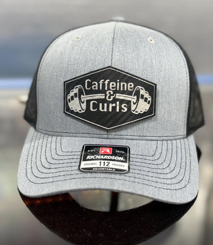 Caffeine & Curls Hat: Laser Engraved Leatherette Patch - Gym Workout