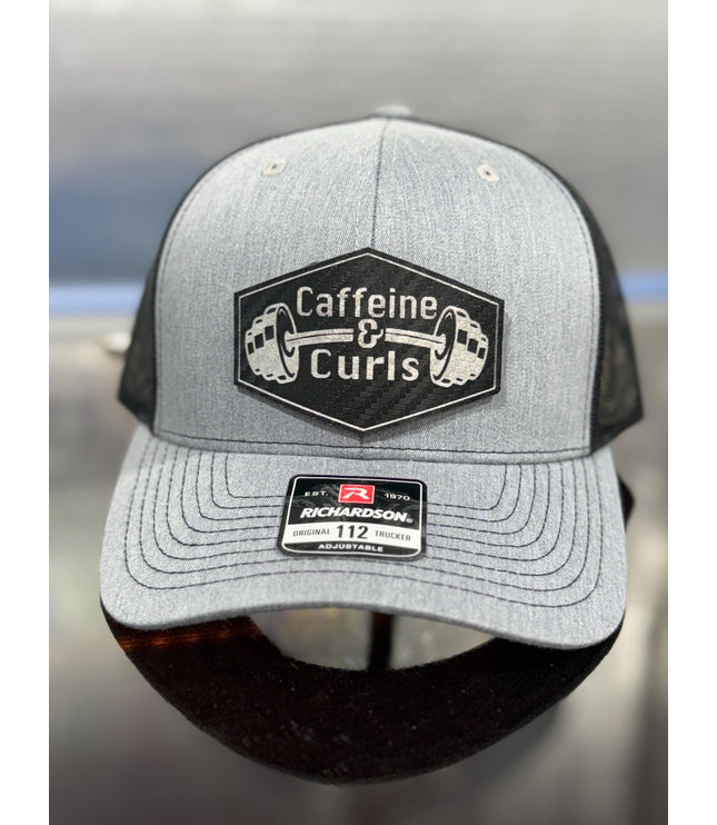 Caffeine & Curls Hat: Laser Engraved Leatherette Patch - Gym Workout