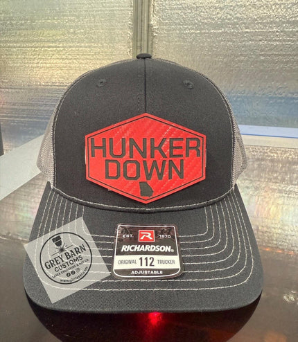 Hunker Down hat, leatherette patch hat