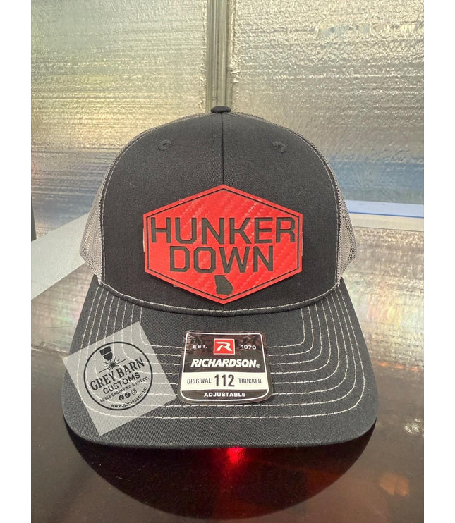 Hunker Down hat, leatherette patch hat