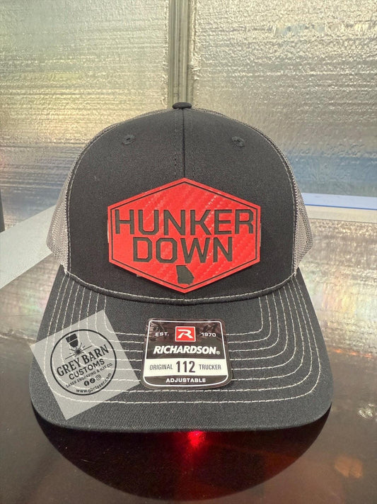 Hunker Down hat, leatherette patch hat