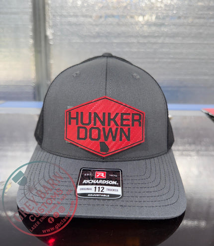 Hunker Down hat, leatherette patch hat
