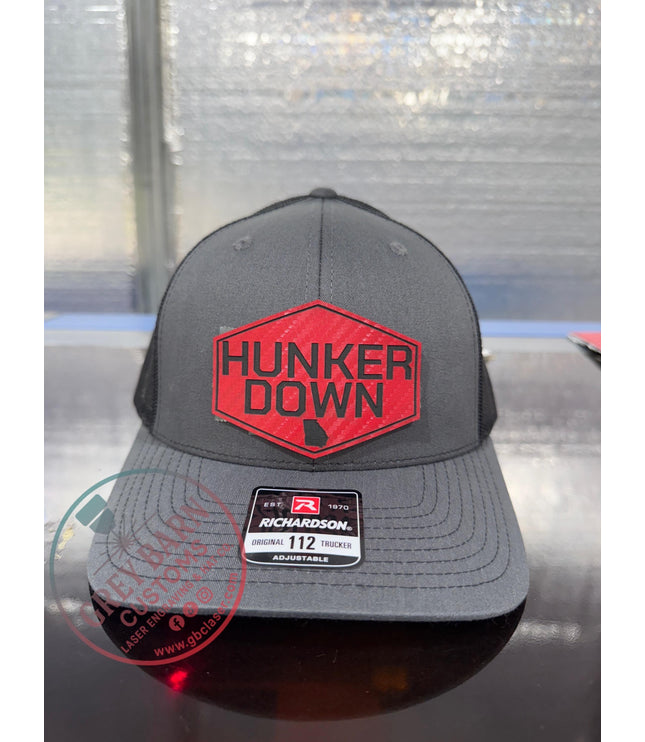 Hunker Down hat, leatherette patch hat