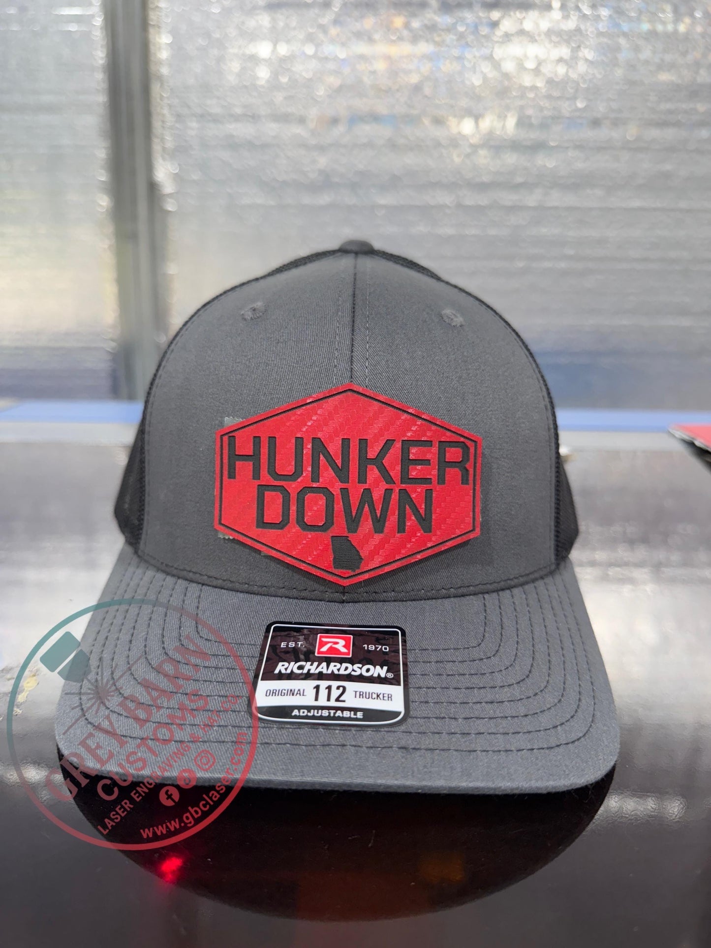 Hunker Down hat, leatherette patch hat