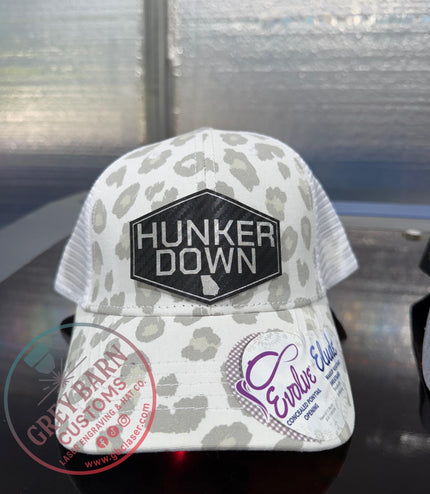 Hunker Down hat, leatherette patch hat