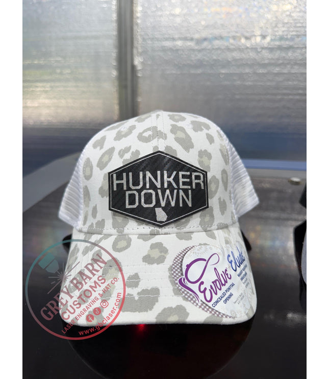 Hunker Down hat, leatherette patch hat
