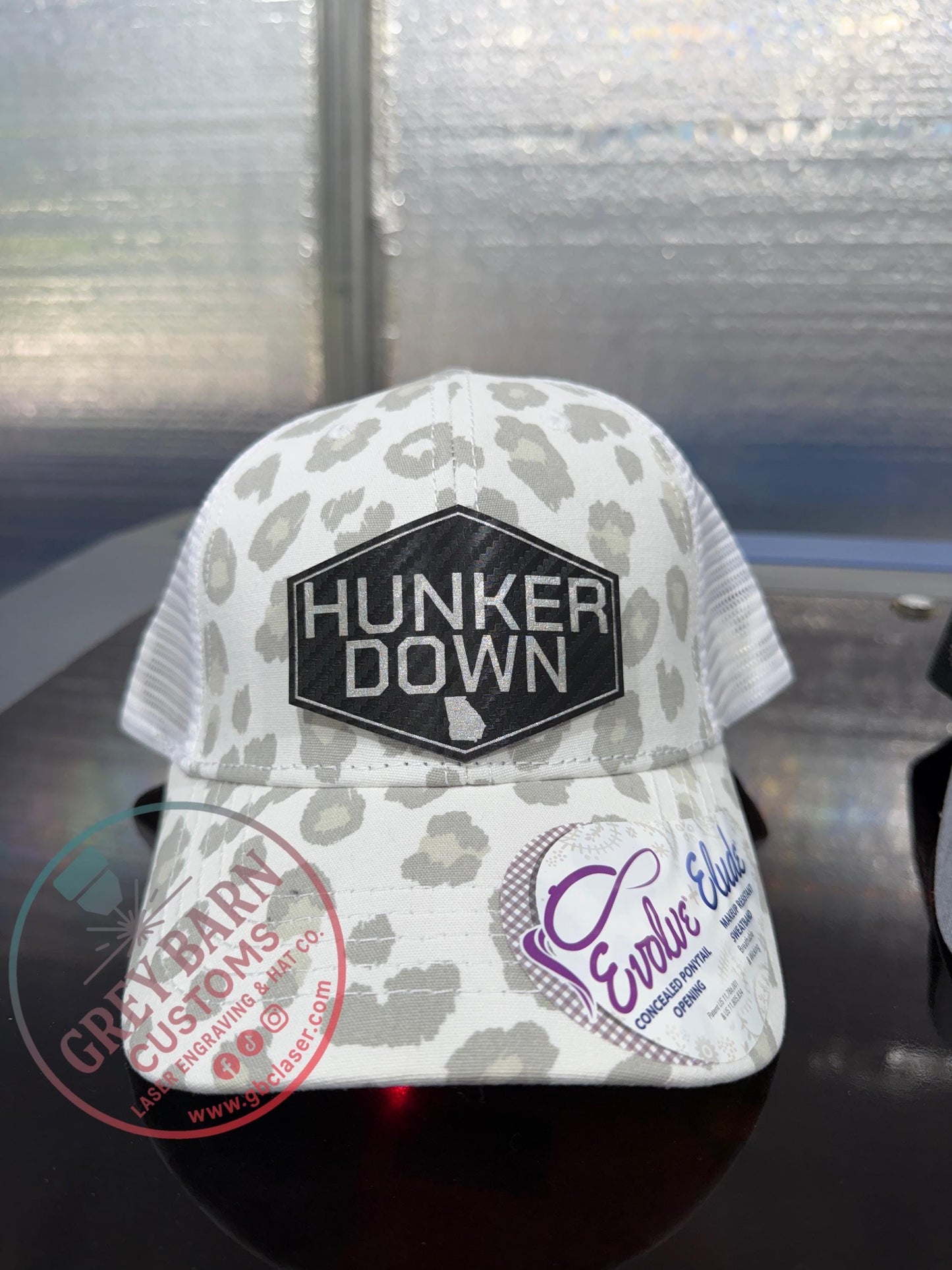 Hunker Down hat, leatherette patch hat