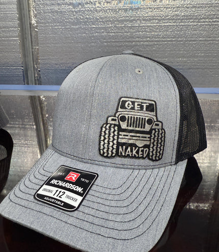 Jeep get, naked, take top off, funny hat, leatherette patch hat