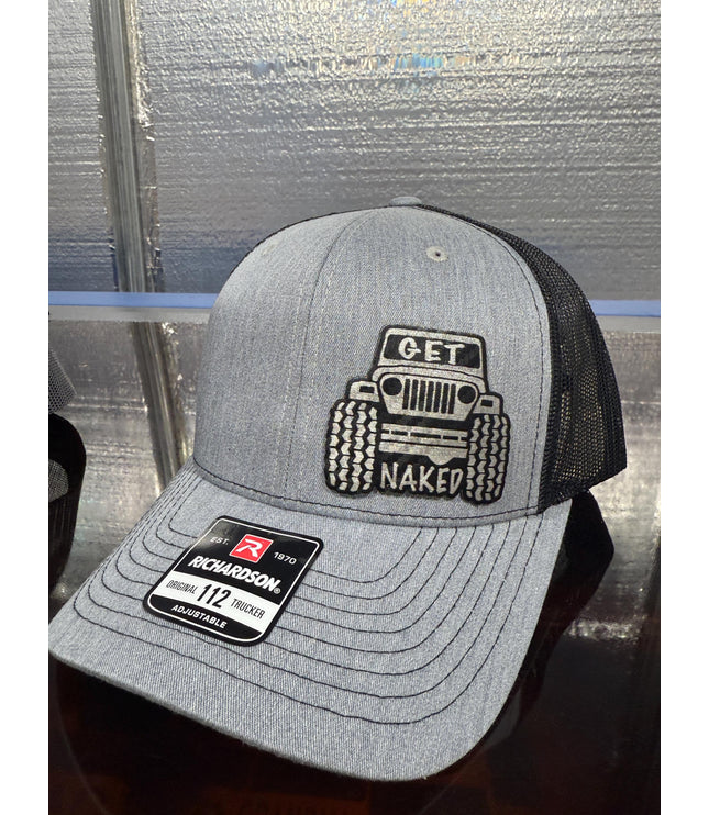 Jeep get, naked, take top off, funny hat, leatherette patch hat