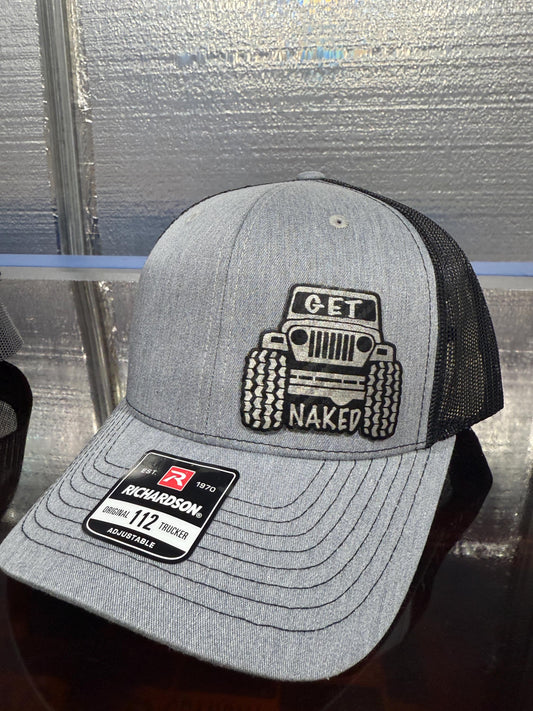 Jeep get, naked, take top off, funny hat, leatherette patch hat