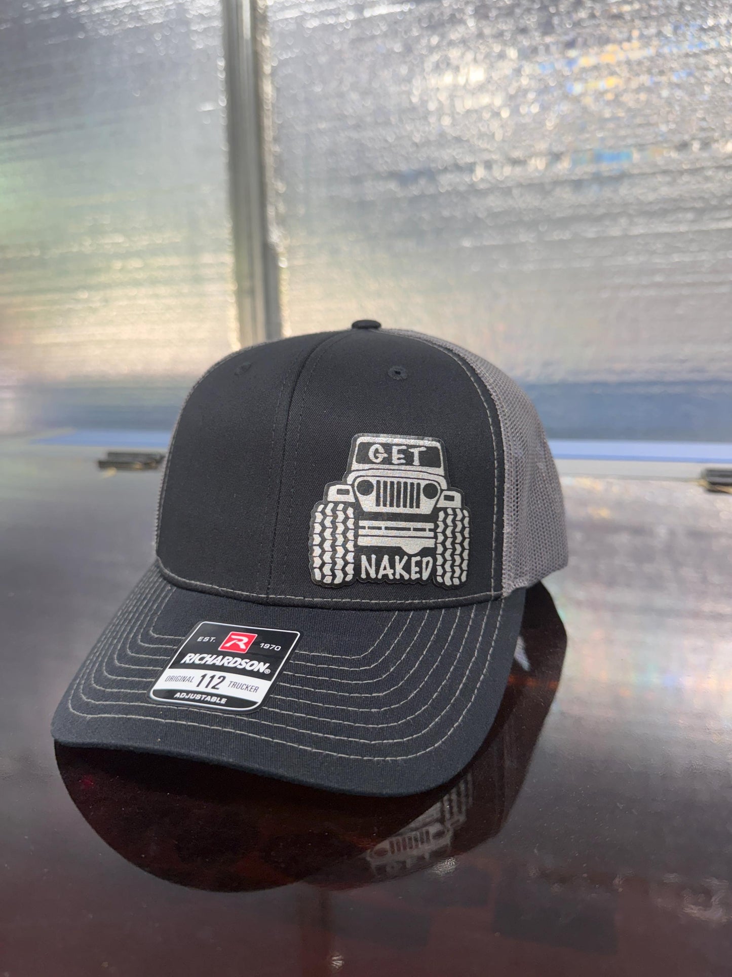 Jeep get, naked, take top off, funny hat, leatherette patch hat