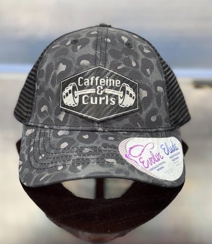 Caffeine & Curls Hat: Laser Engraved Leatherette Patch - Gym Workout