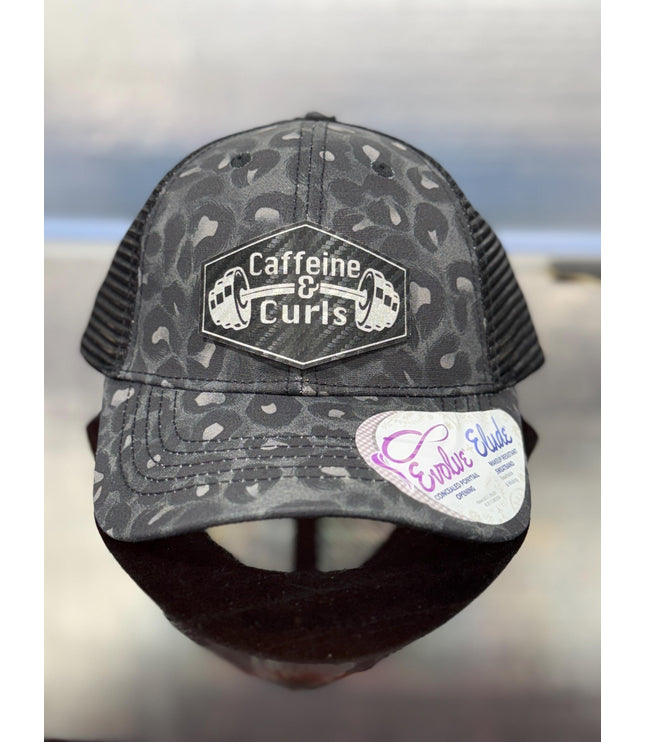 Caffeine & Curls Hat: Laser Engraved Leatherette Patch - Gym Workout