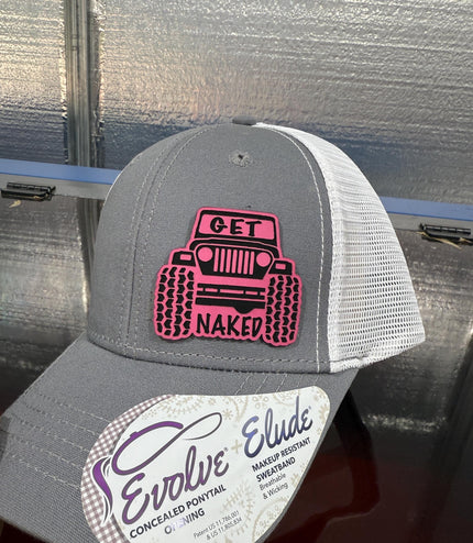 Jeep Pink get, naked, take top off, funny hat, leatherette patch hat