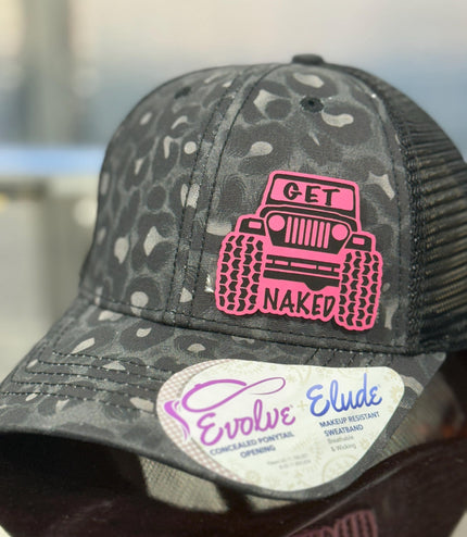 Jeep Pink get, naked, take top off, funny hat, leatherette patch hat