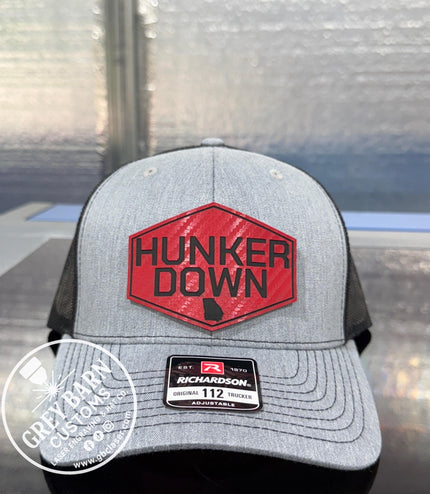 Hunker Down hat, leatherette patch hat