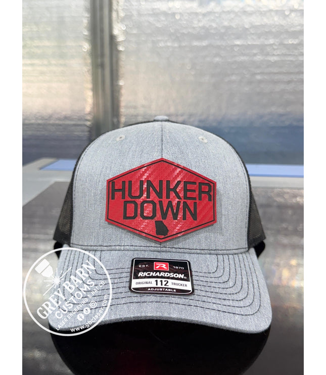 Hunker Down hat, leatherette patch hat