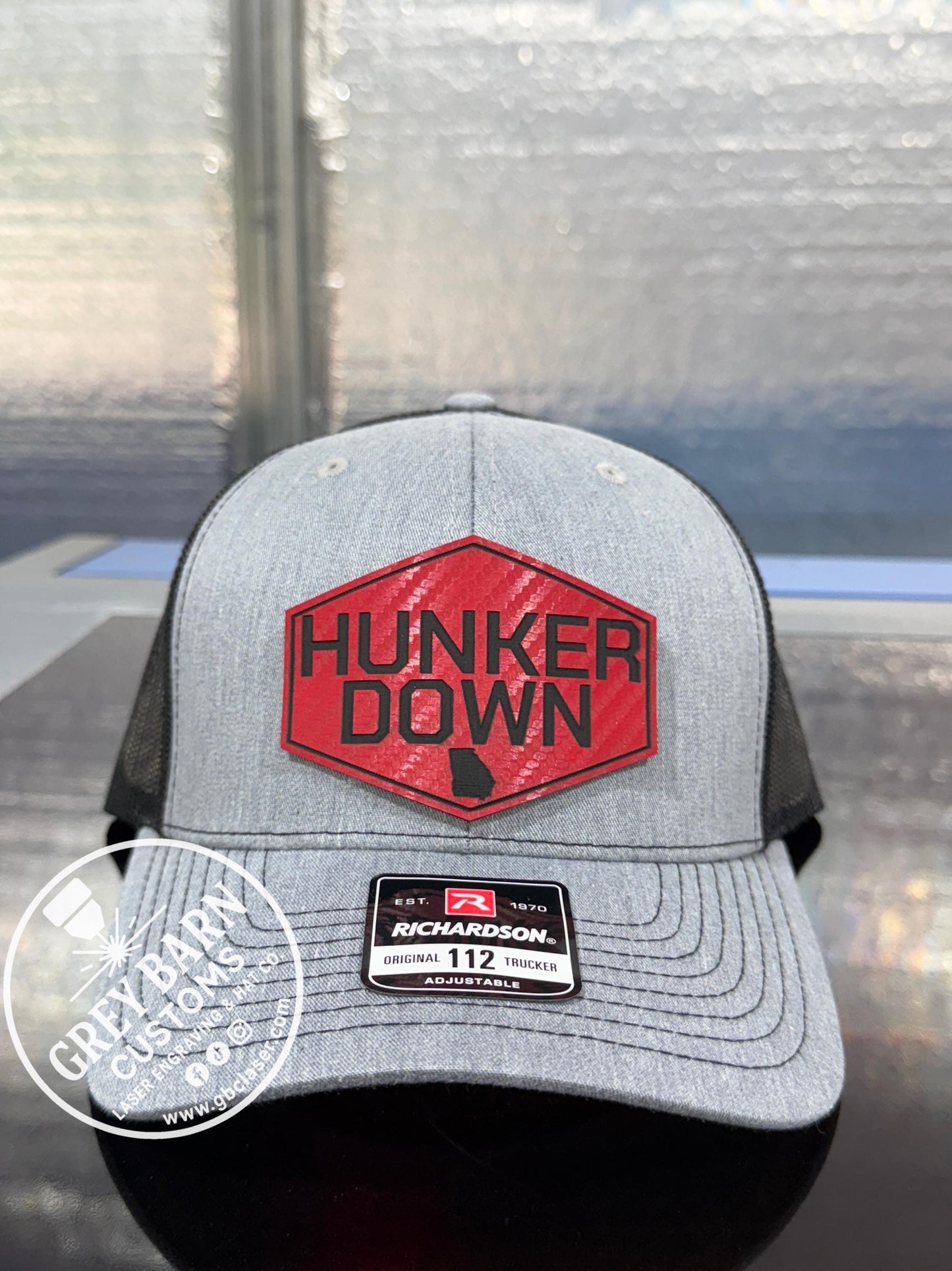 Hunker Down hat, leatherette patch hat