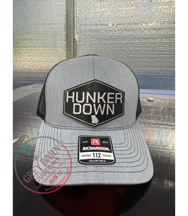 Hunker Down hat, leatherette patch hat