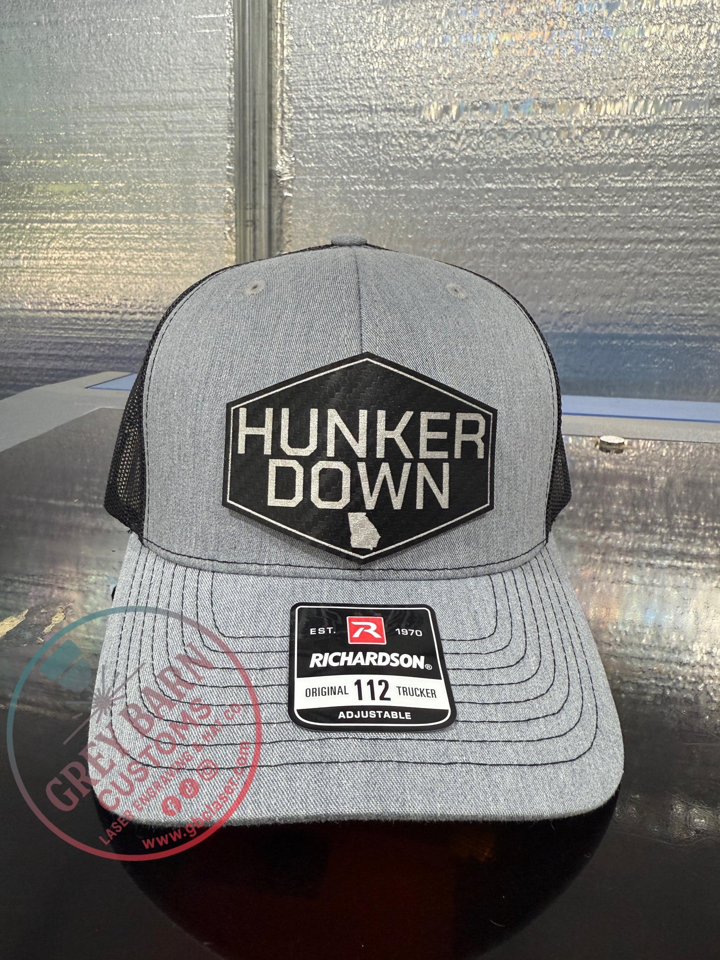 Hunker Down hat, leatherette patch hat