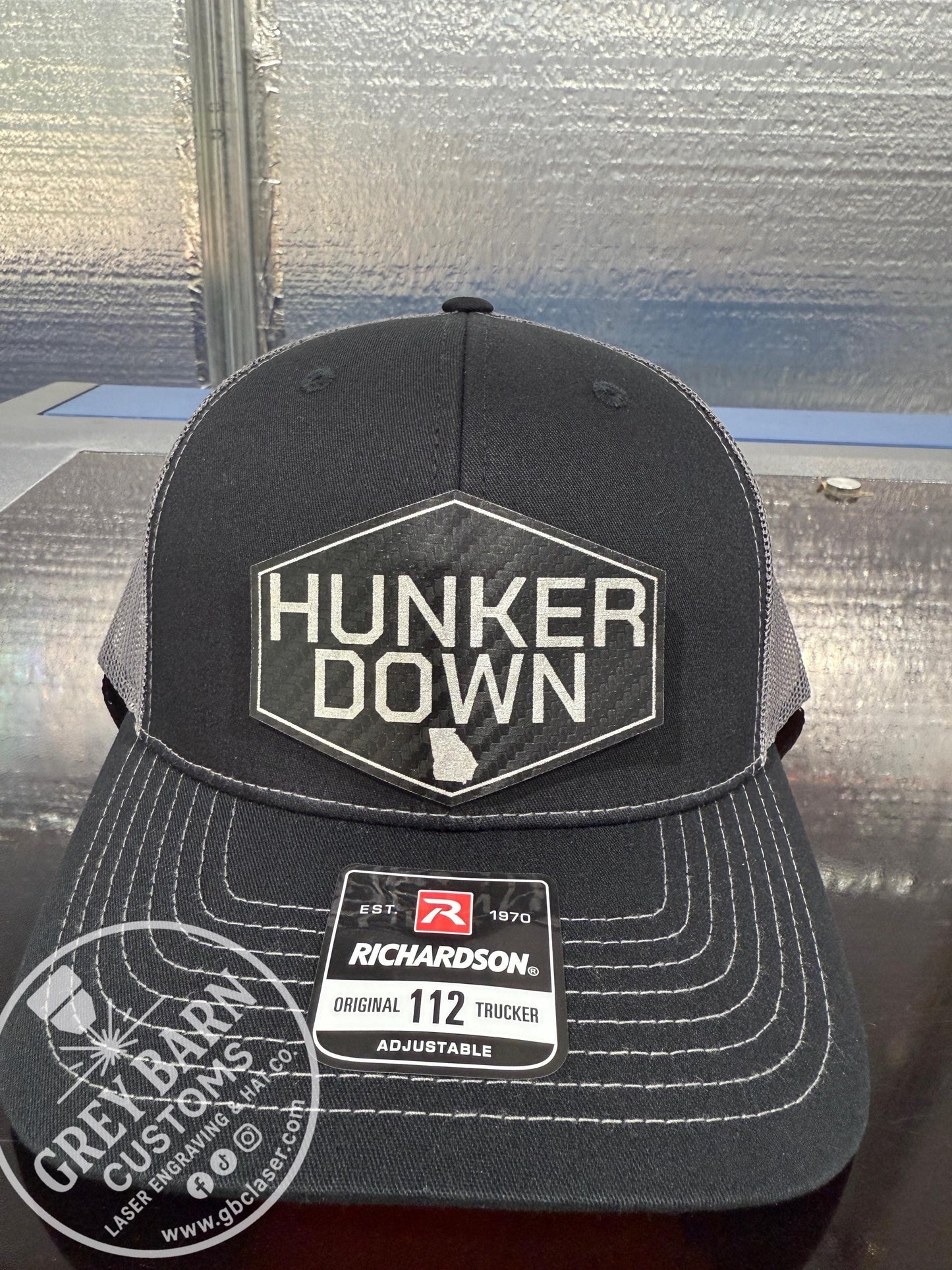 Hunker Down hat, leatherette patch hat