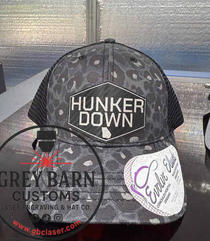 Hunker Down hat, leatherette patch hat