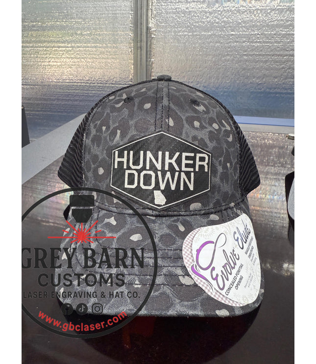 Hunker Down hat, leatherette patch hat
