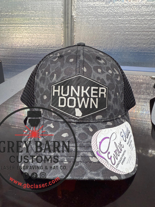 Hunker Down hat, leatherette patch hat