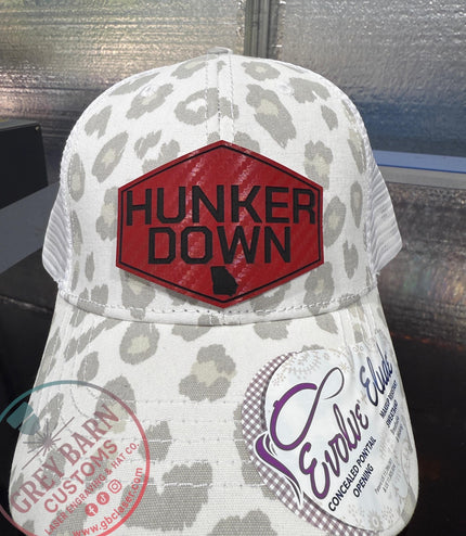 Hunker Down hat, leatherette patch hat