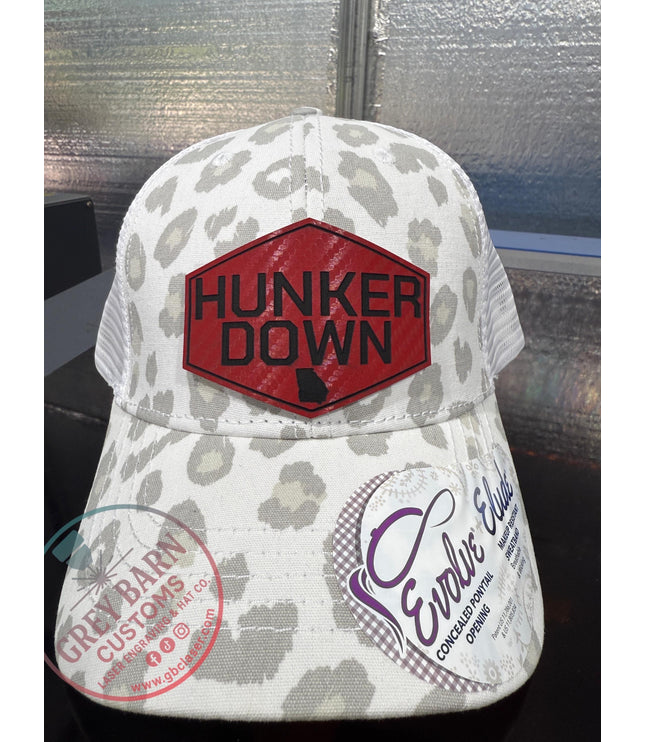 Hunker Down hat, leatherette patch hat