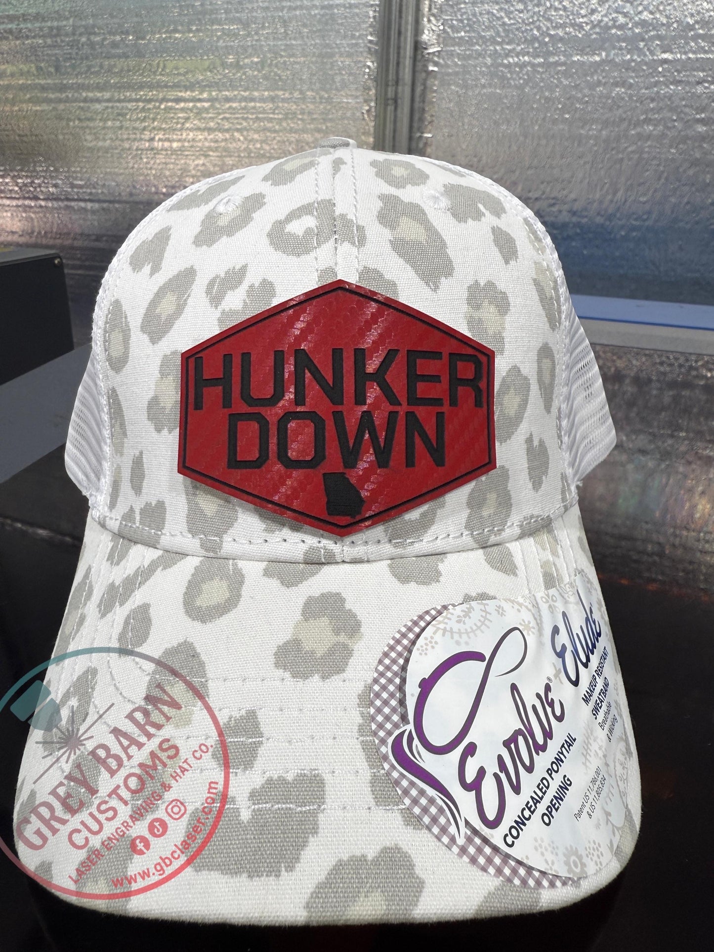 Hunker Down hat, leatherette patch hat