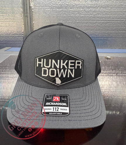 Hunker Down hat, leatherette patch hat