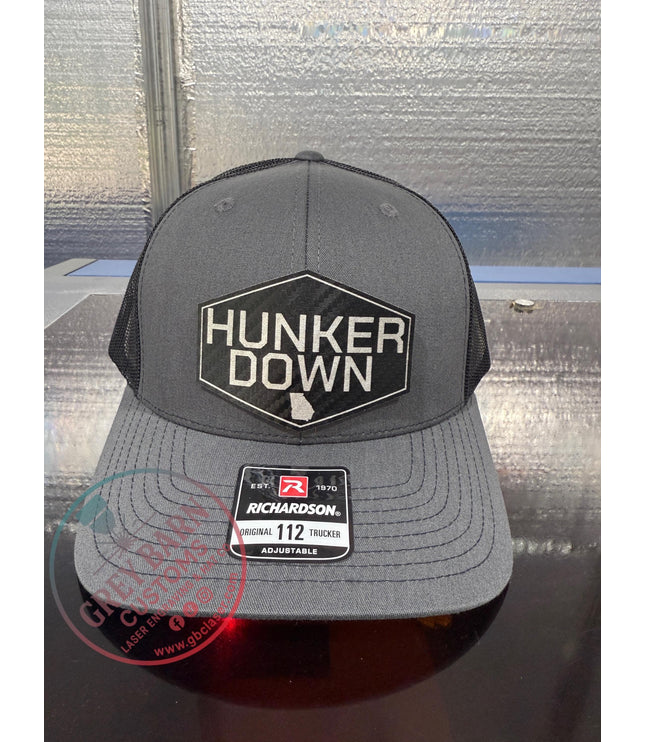 Hunker Down hat, leatherette patch hat