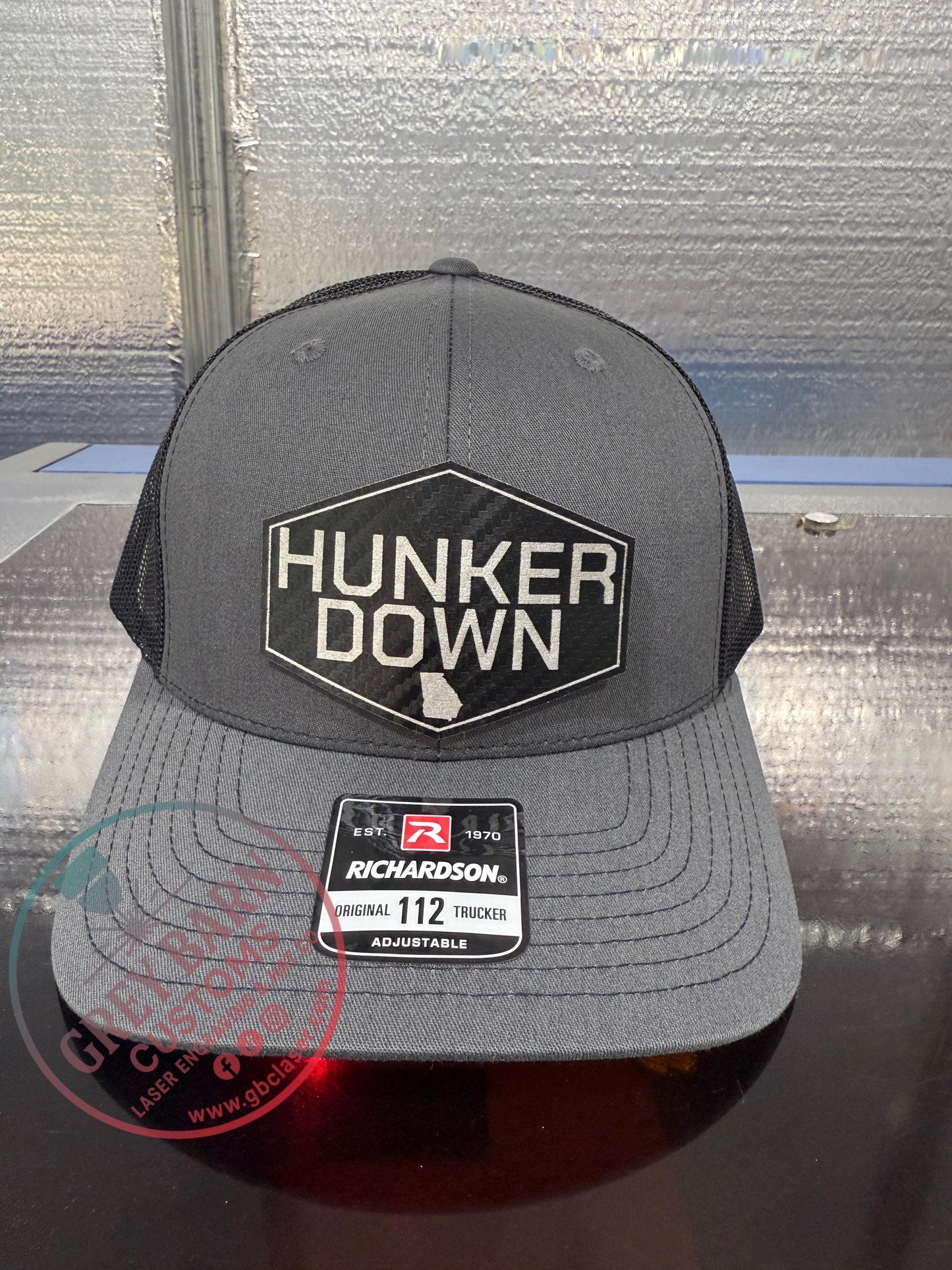 Hunker Down hat, leatherette patch hat