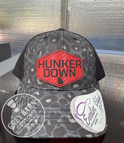Hunker Down hat, leatherette patch hat