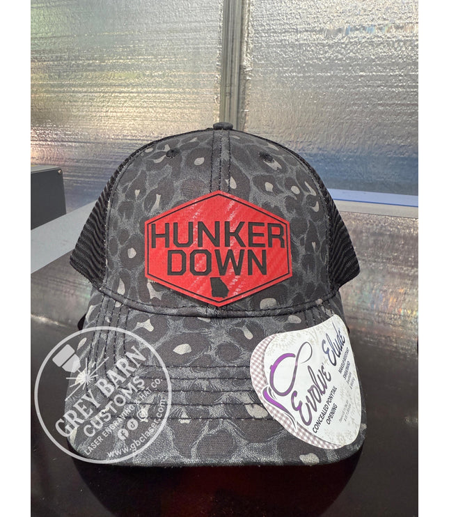 Hunker Down hat, leatherette patch hat